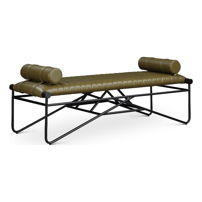 Meridian Furniture Gatsby Olive Vegan Leather and Iron Metal Bench