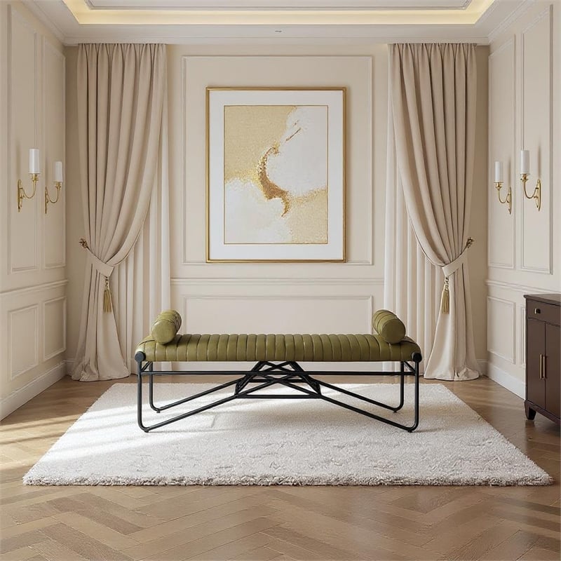 Meridian Furniture Gatsby Olive Vegan Leather and Iron Metal Bench