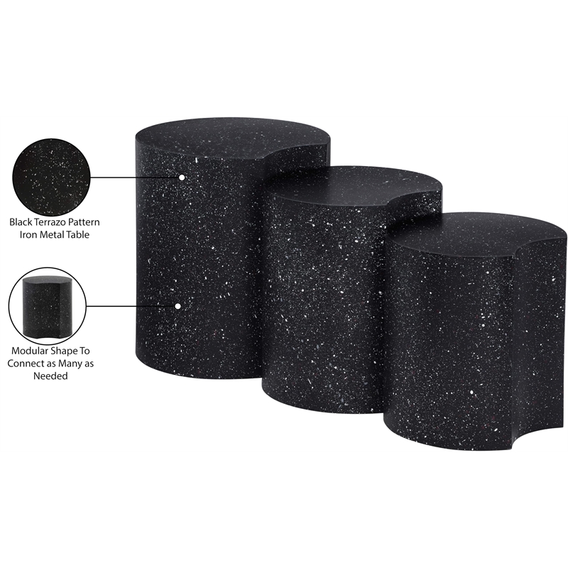 Meridian Furniture Dimple 3 Piece Black Terrazzo Pattern Iron Metal End Table