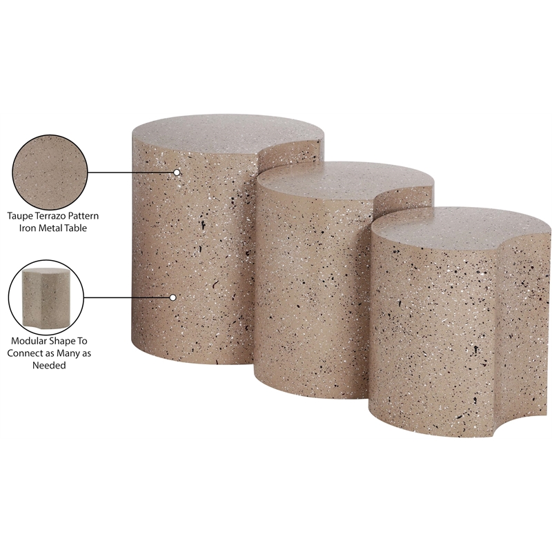 Meridian Furniture Dimple 3 Piece Taupe Terrazzo Pattern Iron Metal End Table