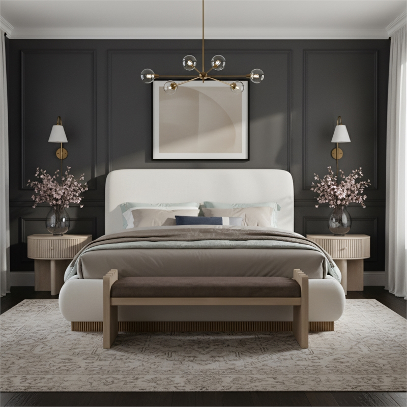 Meridian Furniture Rigby Cream Boucle Fabric King Bed