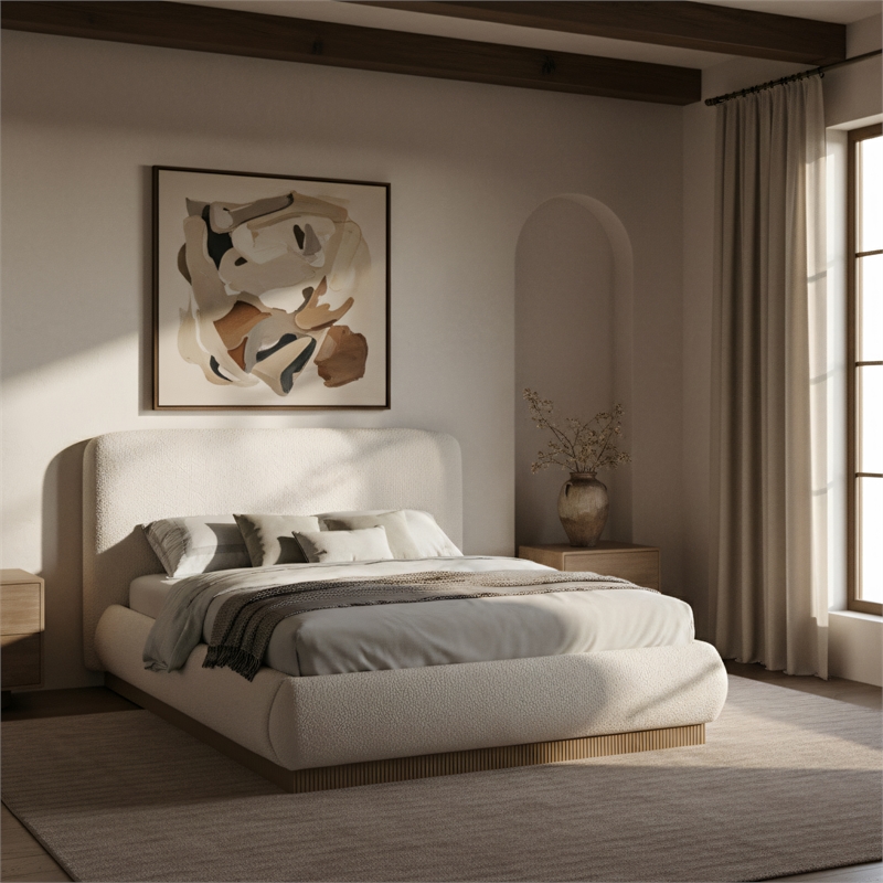 Meridian Furniture Rigby Cream Boucle Fabric Queen Bed