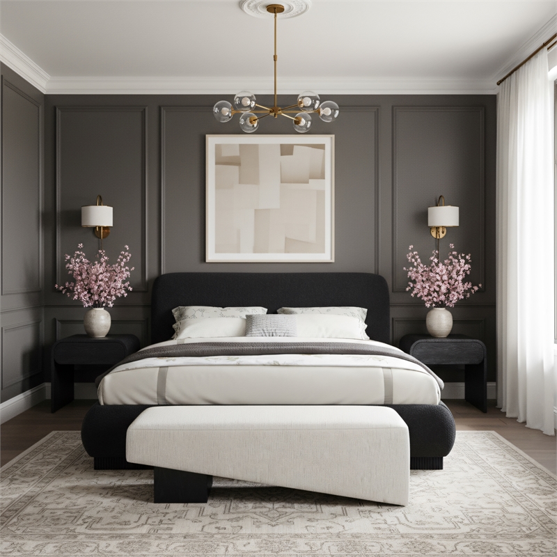 Meridian Furniture Rigby Black Boucle Fabric King Bed