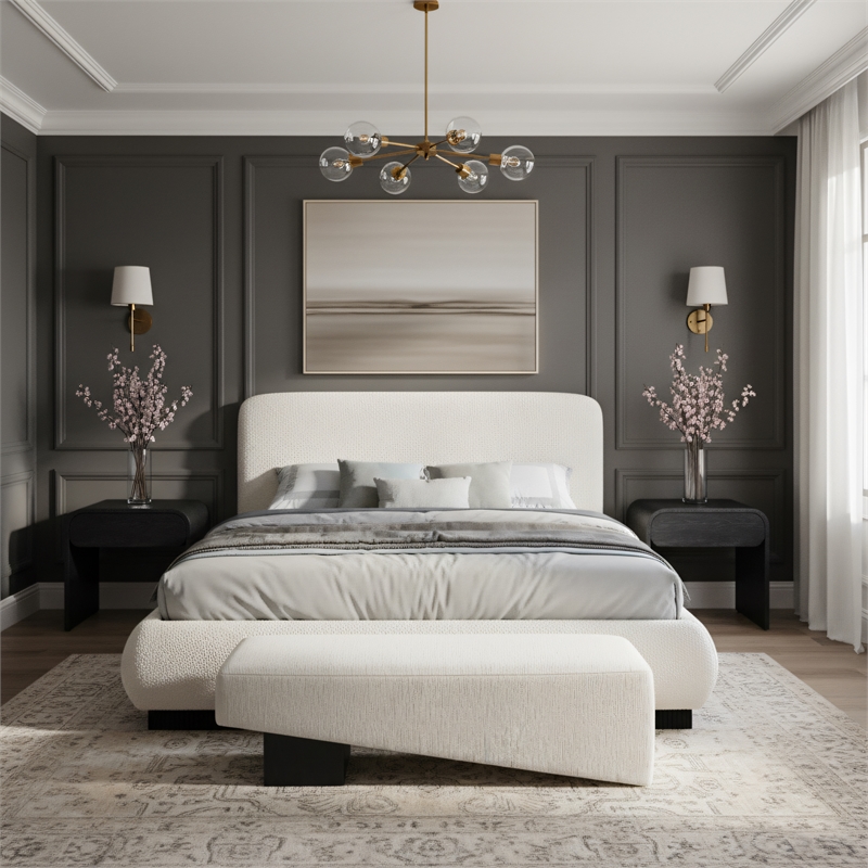 Meridian Furniture Rigby Cream Boucle Fabric King Bed