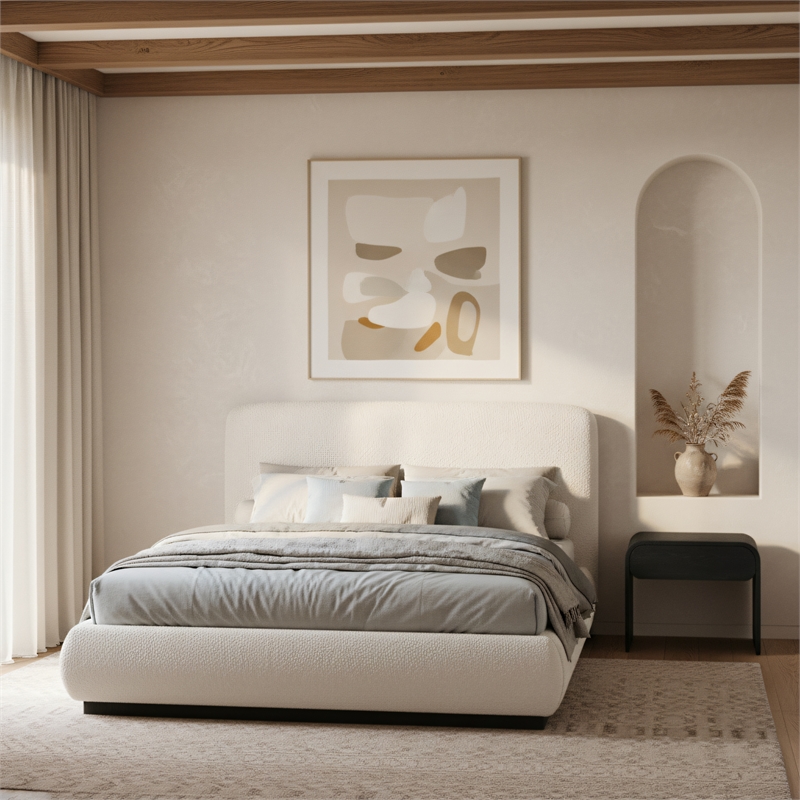 Meridian Furniture Rigby Cream Boucle Fabric Queen Bed