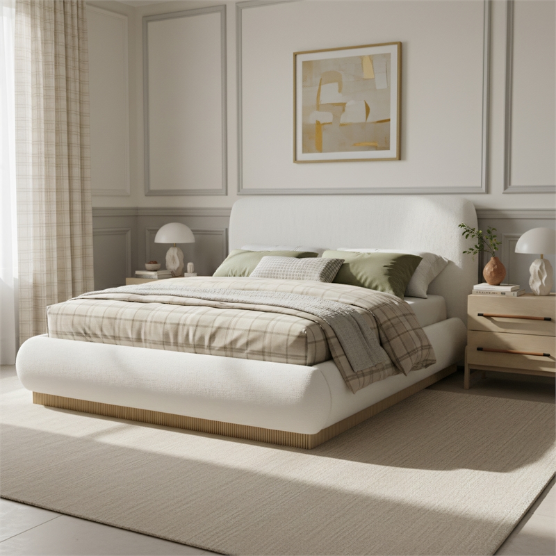 Meridian Furniture Rigby Cream Linen Textured Fabric Queen Bed