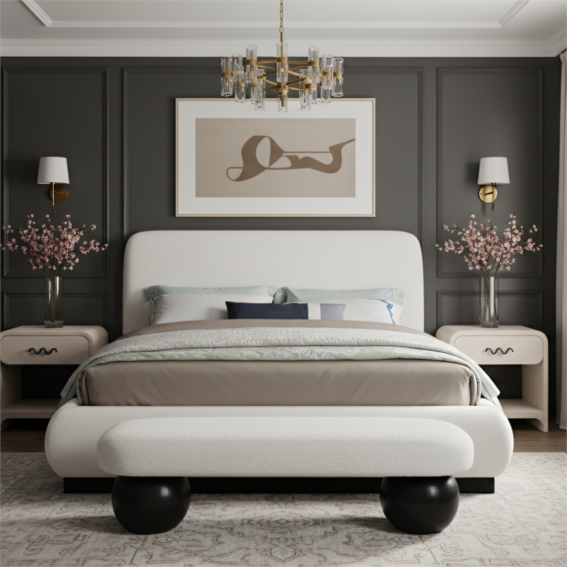 Meridian Furniture Rigby Cream Linen Textured Fabric King Bed