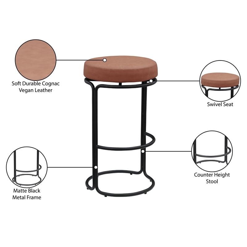 Meridian Furniture Madison Cognac Vegan Leather Bar Stool (Set of 2)