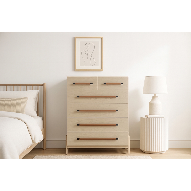 Meridian Furniture Kaya Natural Chest with vegan Leather Upholstered Handles