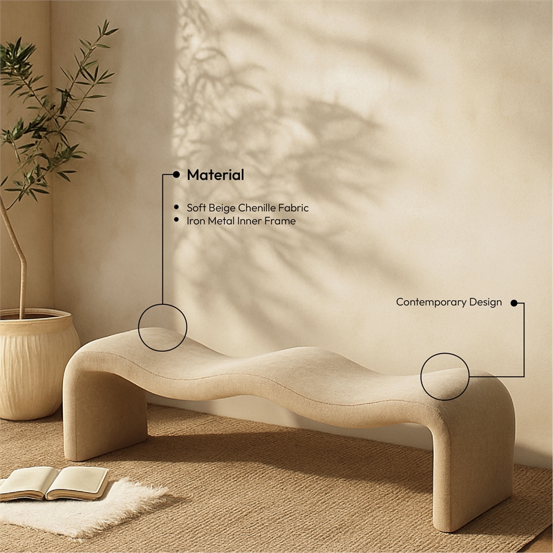 Meridian Furniture Willow Beige Chenille Fabric Bench