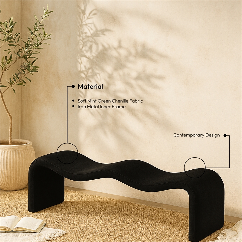 Meridian Furniture Willow Black Chenille Fabric Bench
