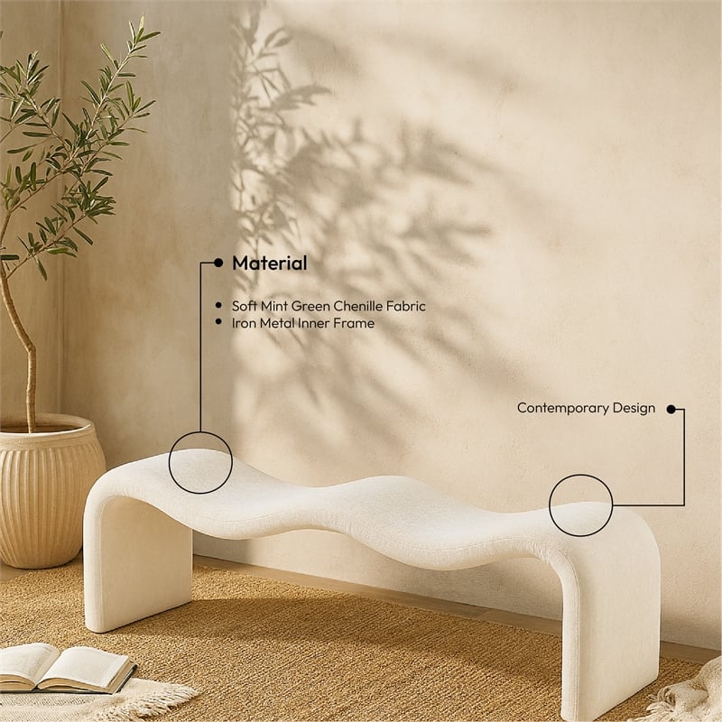 Meridian Furniture Willow Cream Chenille Fabric Bench