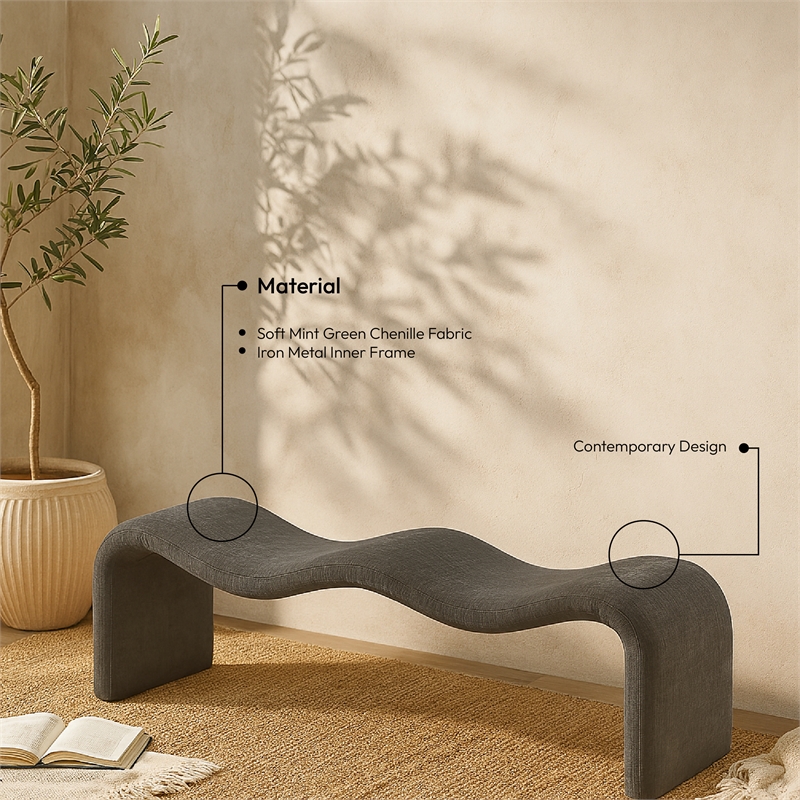 Meridian Furniture Willow Grey Chenille Fabric Bench