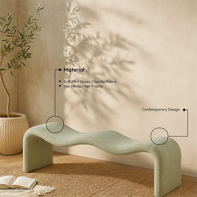 Meridian Furniture Willow Mint Chenille Fabric Bench