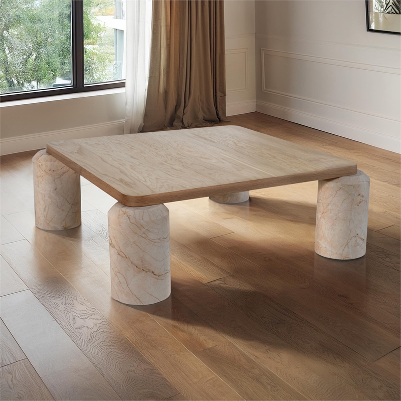 Meridian Furniture Ferrara Beige Genuine Marble and Solid Oak Wood Coffee Table