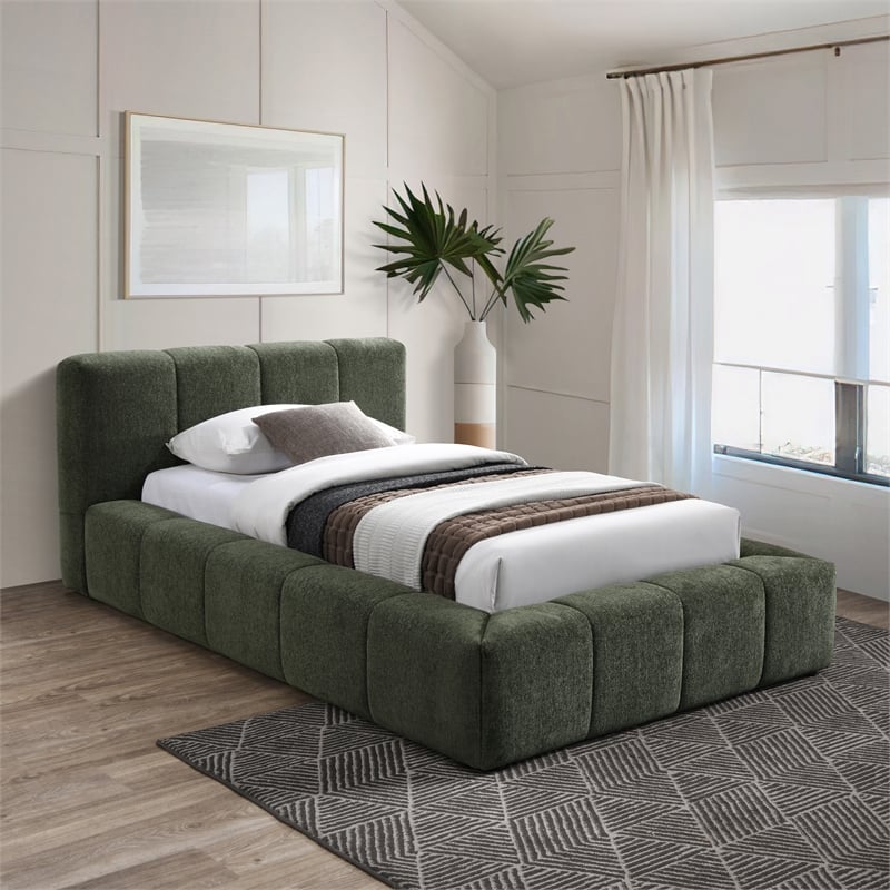 Meridian Furniture Carlin Olive Chenille Fabric Twin Bed