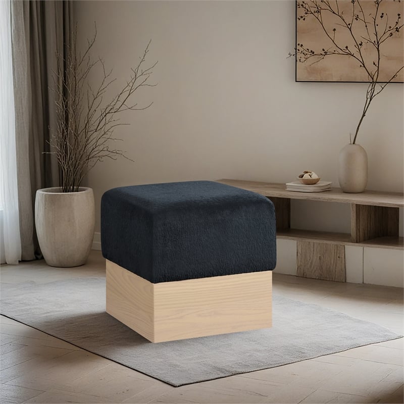 Meridian Furniture Havre Black Velour Fur Fabric Ottoman/Stool