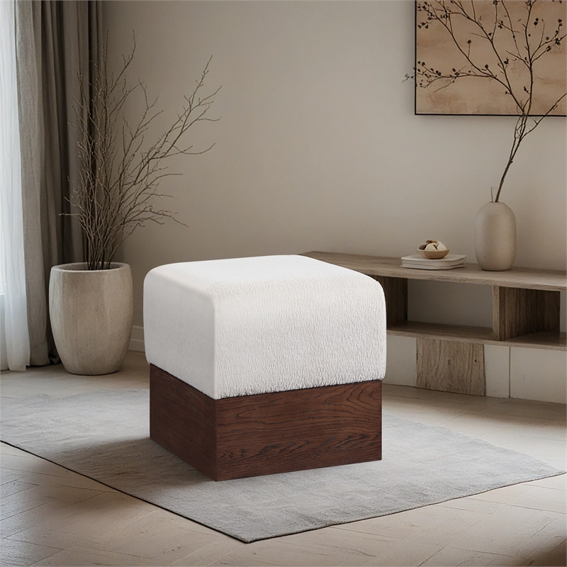 Meridian Furniture Havre Beige Velour Fur Fabric Ottoman/Stool