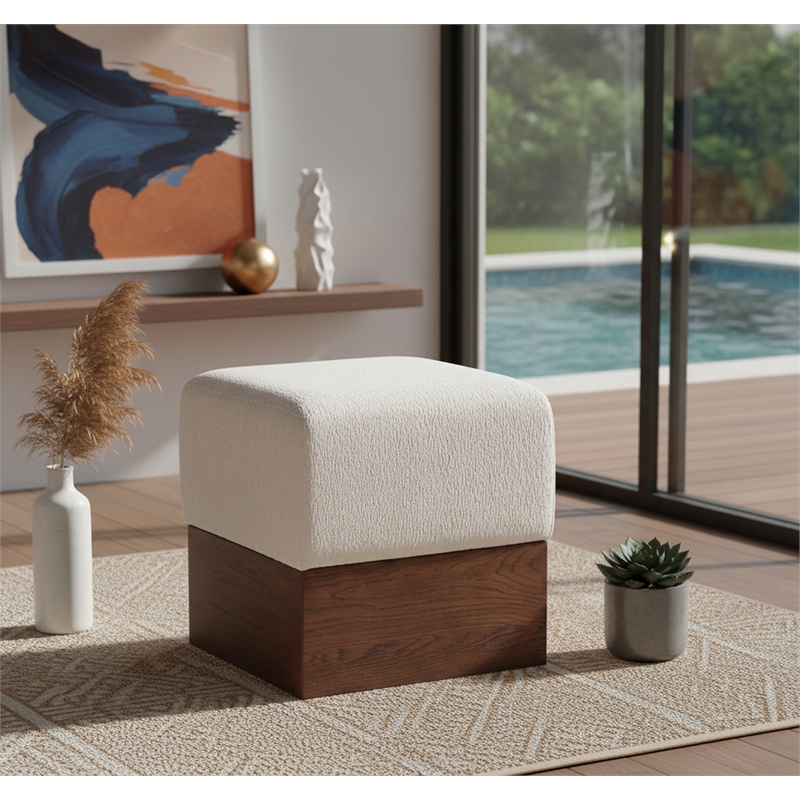 Meridian Furniture Havre Beige Velour Fur Fabric Ottoman/Stool