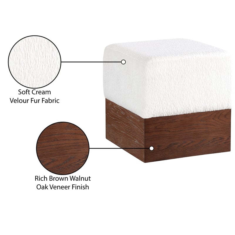 Meridian Furniture Havre Cream Velour Fur Fabric Ottoman/Stool