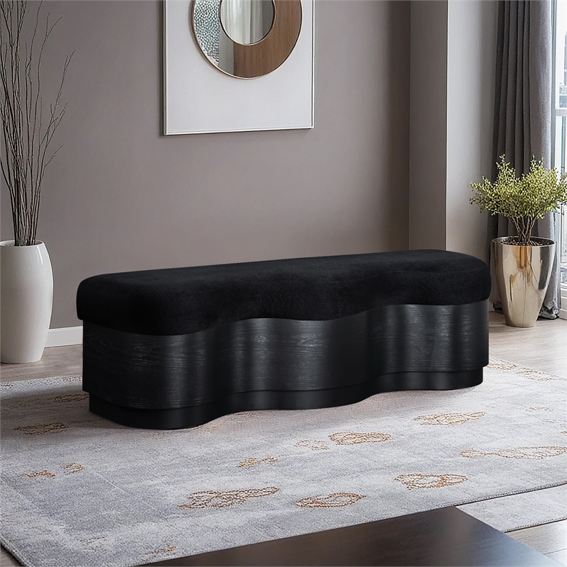 Meridian Furniture Savoy Black Velour Fur Fabric Bench