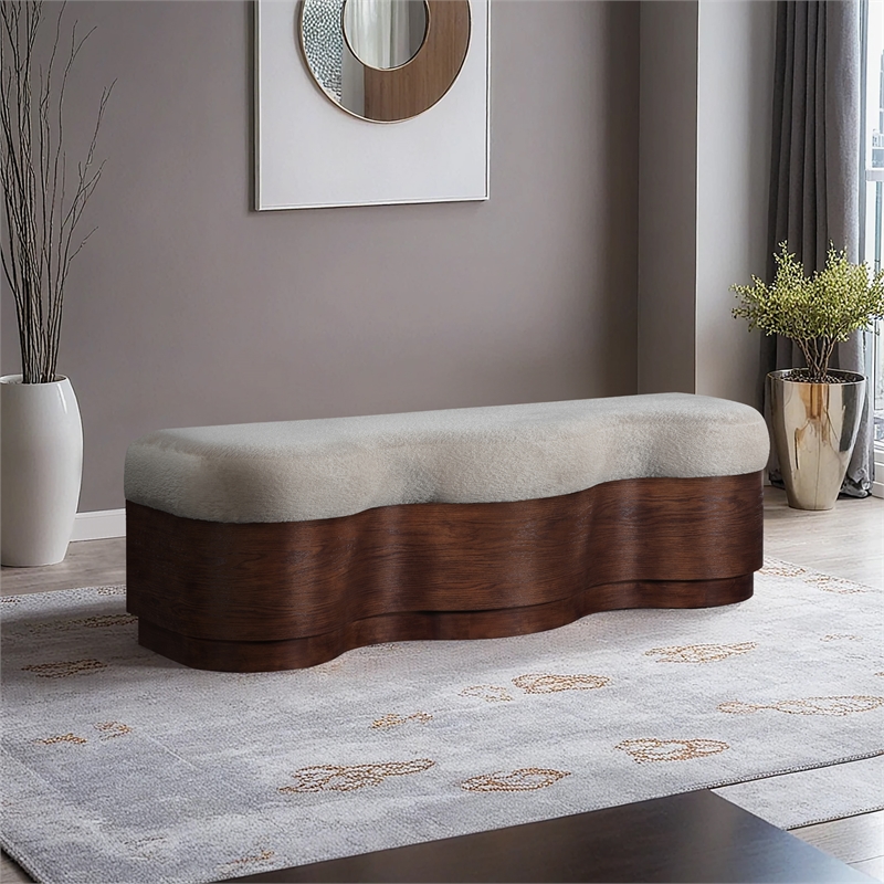 Meridian Furniture Savoy Beige Velour Fur Fabric Bench