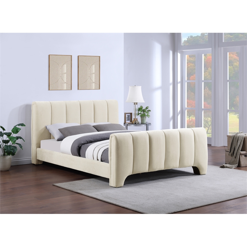 Meridian Furniture Camila Beige Chenille Fabric Queen Bed
