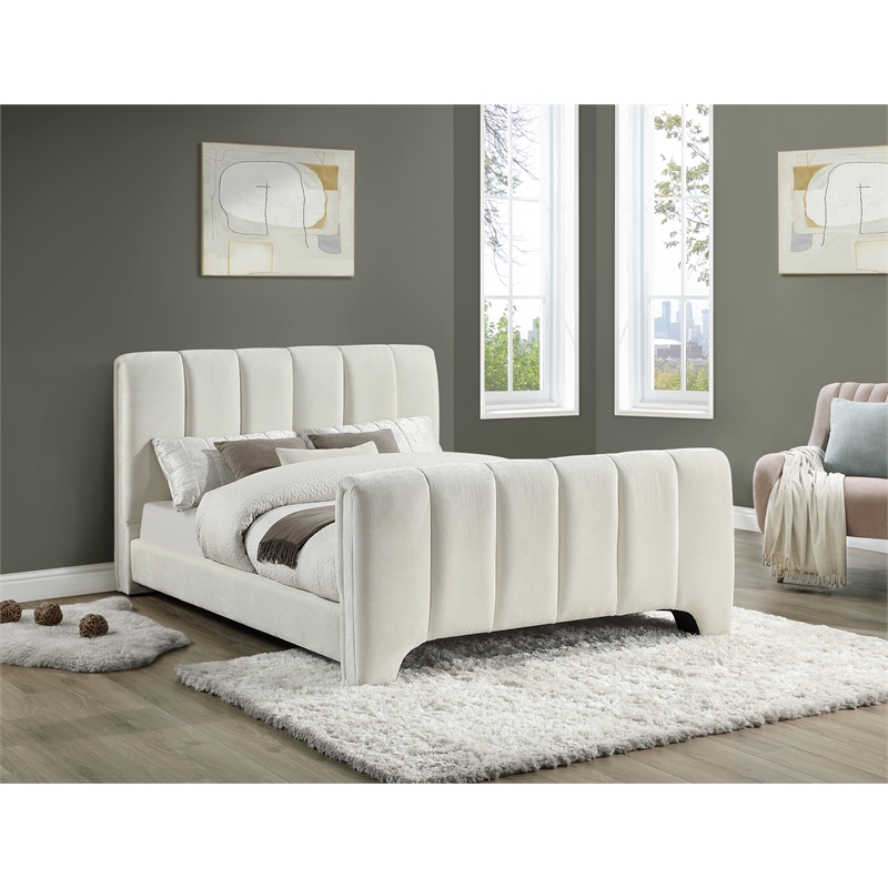 Meridian Furniture Camila Cream Chenille Fabric Queen Bed