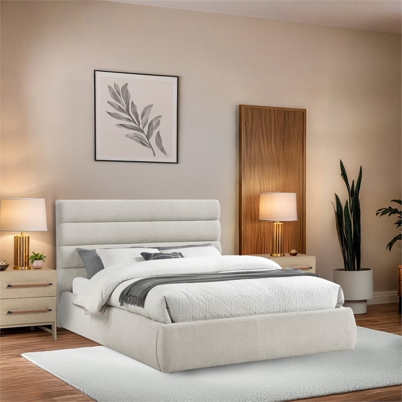 Meridian Furniture Adam Cream Linen Textured Fabric Queen Bed