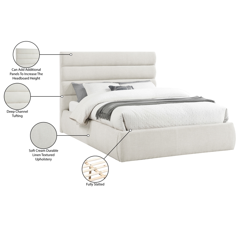 Meridian Furniture Adam Cream Linen Textured Fabric Queen Bed