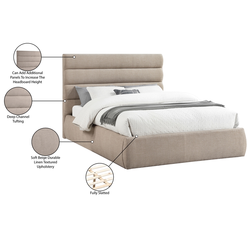 Meridian Furniture Adam Beige Linen Textured Fabric Queen Bed
