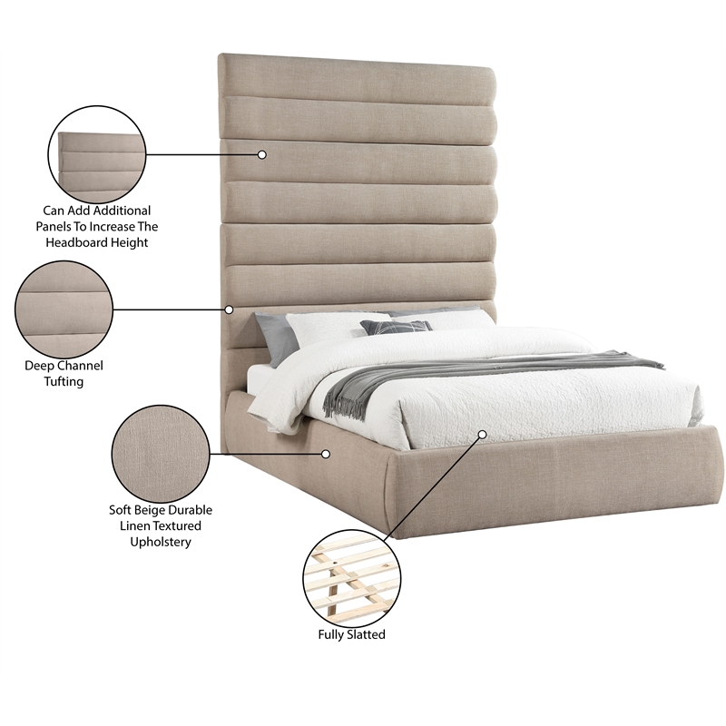 Meridian Furniture Adam Beige Linen Textured Fabric Queen Bed