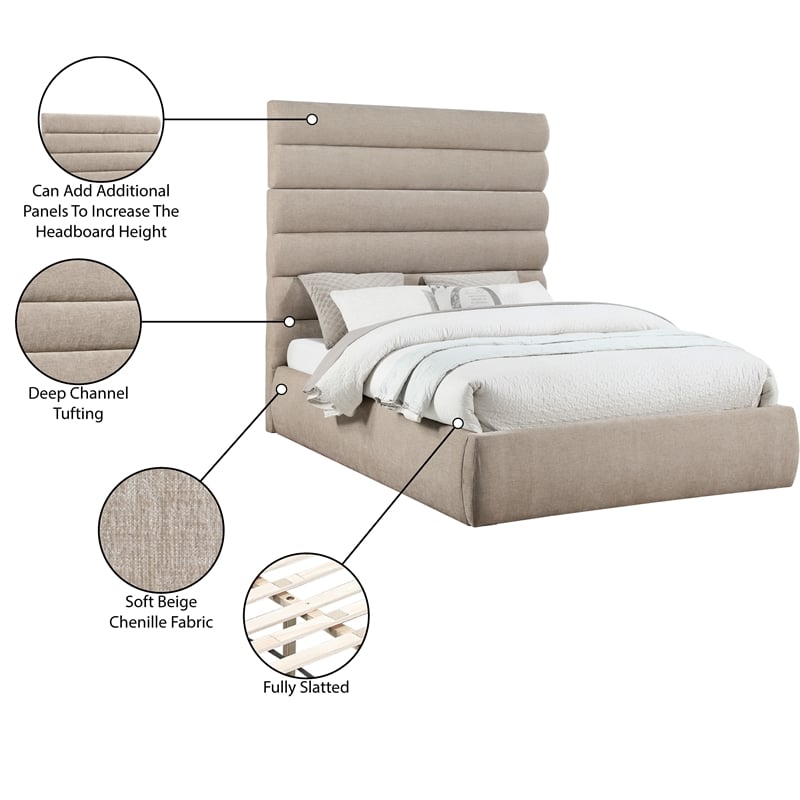Meridian Furniture Adam Beige Chenille Fabric Queen Bed