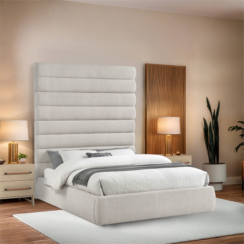 Meridian Furniture Adam Cream Linen Textured Fabric Queen Bed