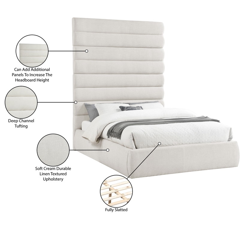Meridian Furniture Adam Cream Linen Textured Fabric Queen Bed