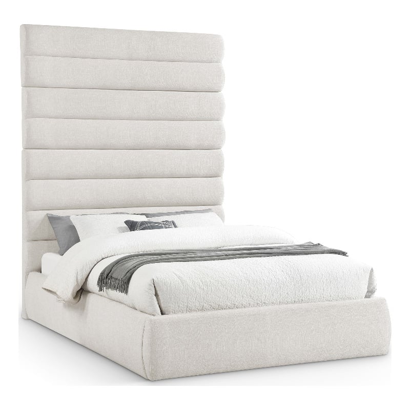 Meridian Furniture Adam Cream Linen Textured Fabric Queen Bed