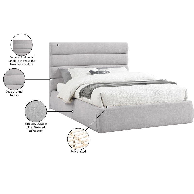 Meridian Furniture Adam Grey Linen Textured Fabric Queen Bed