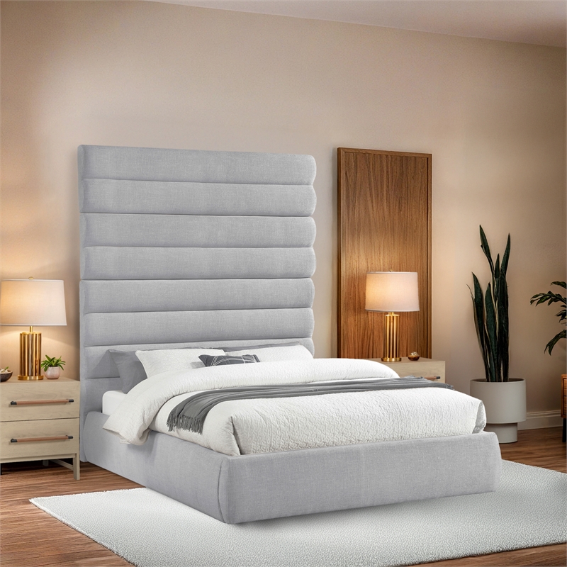 Meridian Furniture Adam Grey Linen Textured Fabric Queen Bed