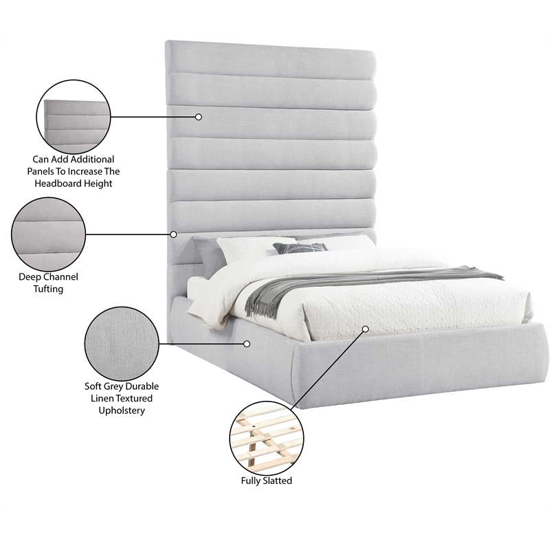 Meridian Furniture Adam Grey Linen Textured Fabric Queen Bed