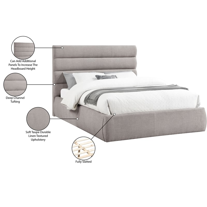 Meridian Furniture Adam Taupe Linen Textured Fabric Queen Bed