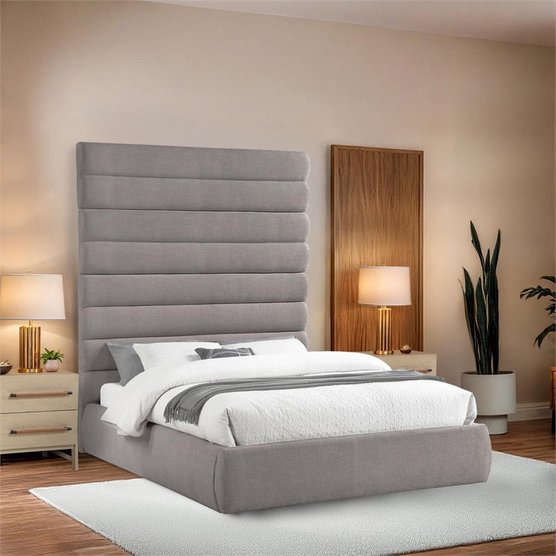 Meridian Furniture Adam Taupe Linen Textured Fabric Queen Bed