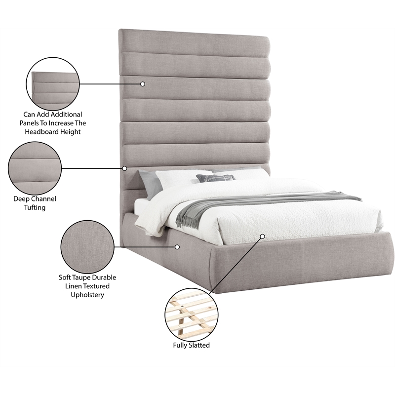 Meridian Furniture Adam Taupe Linen Textured Fabric Queen Bed