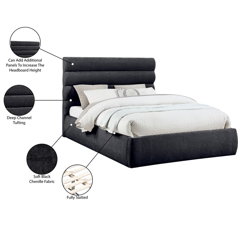Meridian Furniture Adam Black Chenille Fabric Queen Bed