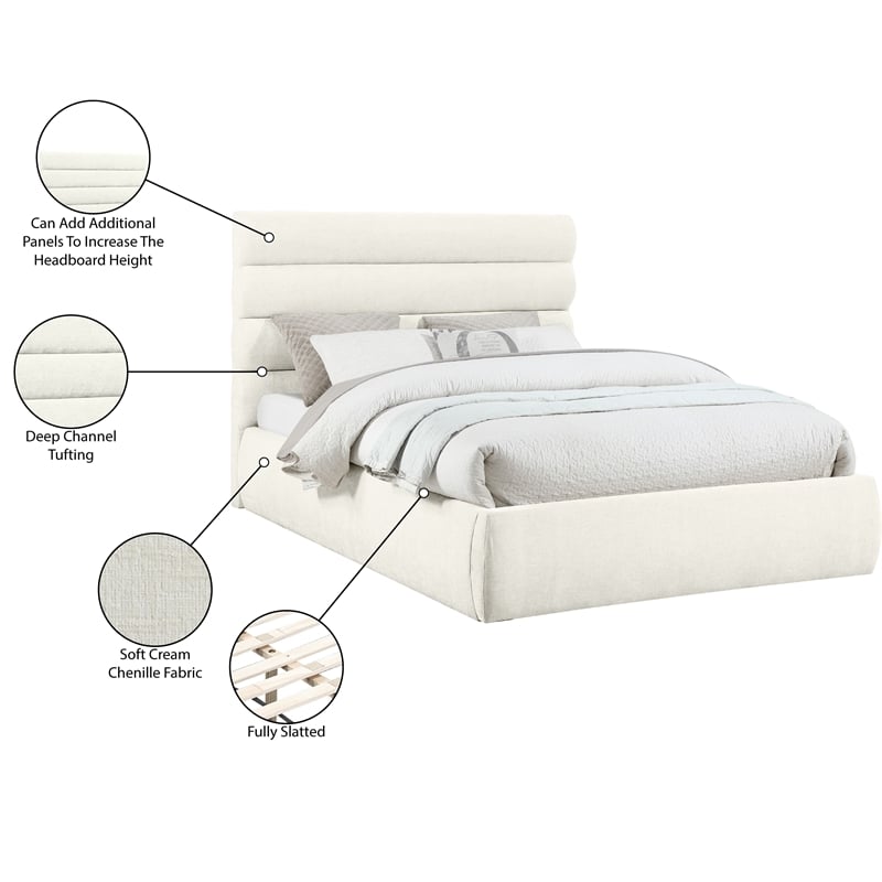 Meridian Furniture Adam Cream Chenille Fabric Queen Bed