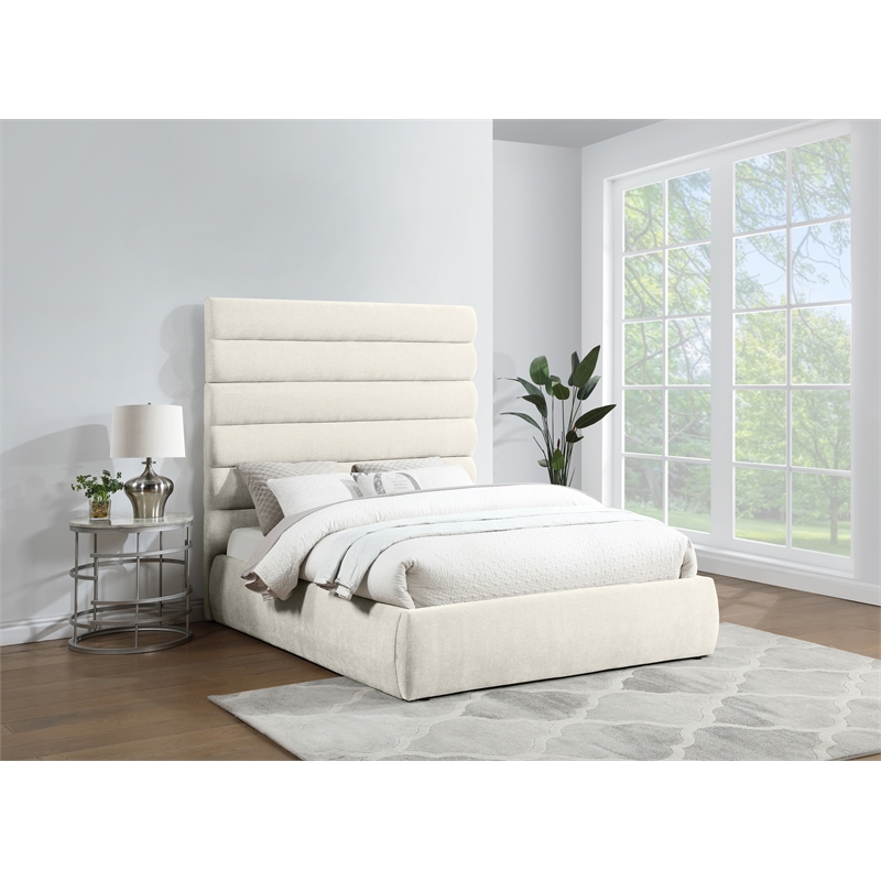 Meridian Furniture Adam Cream Chenille Fabric Queen Bed