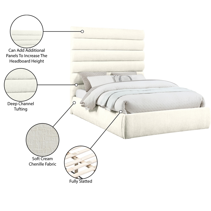 Meridian Furniture Adam Cream Chenille Fabric Queen Bed