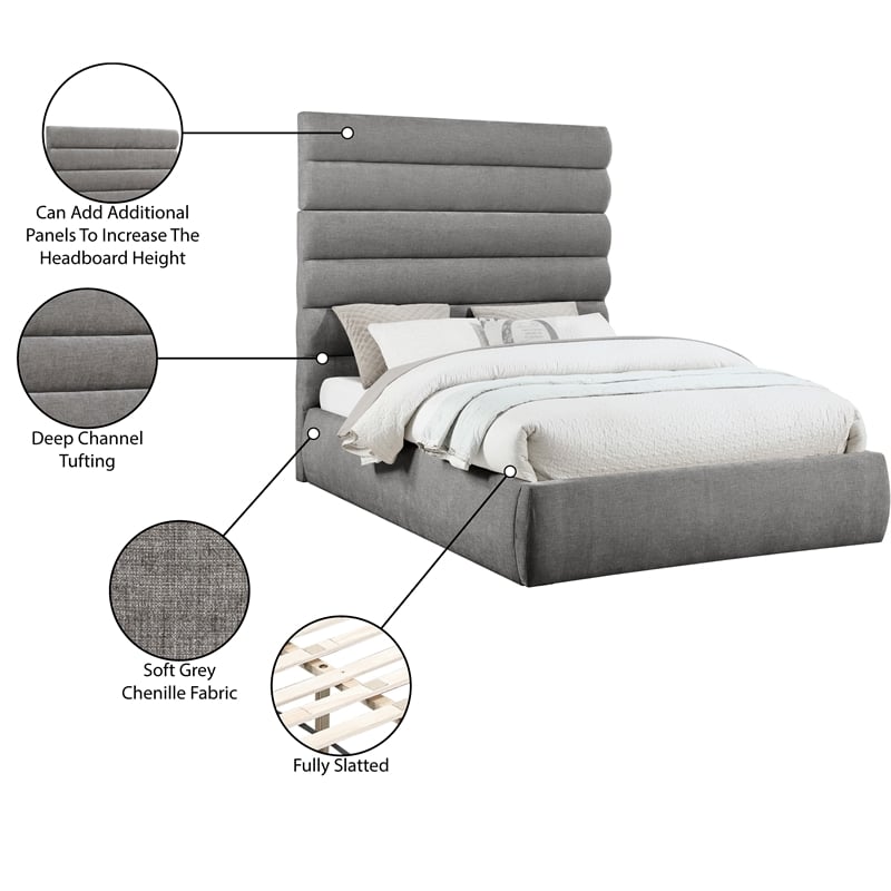 Meridian Furniture Adam Grey Chenille Fabric Queen Bed