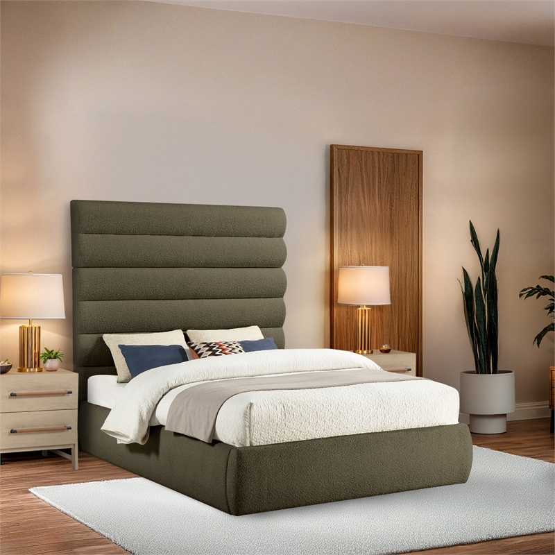 Meridian Furniture Adam Olive Boucle Fabric Queen Bed