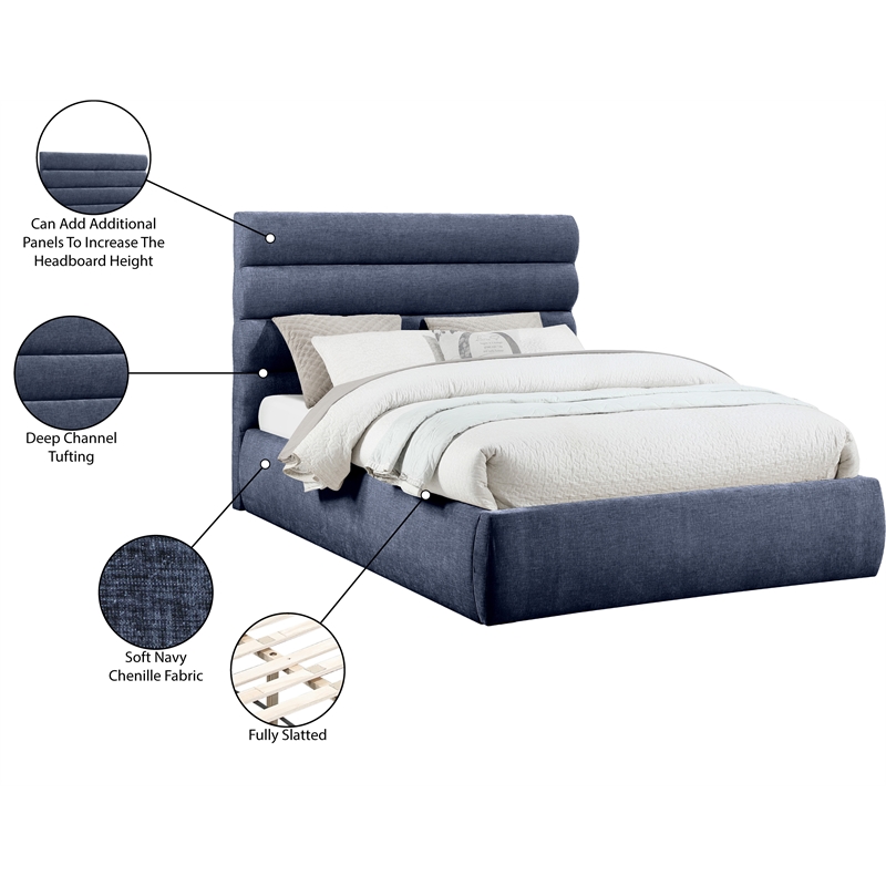 Meridian Furniture Adam Navy Chenille Fabric Queen Bed