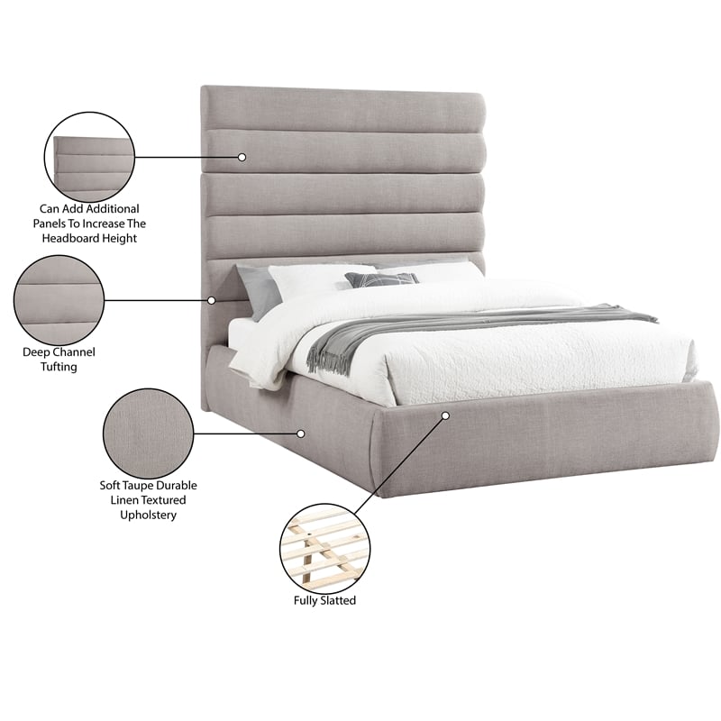Meridian Furniture Adam Taupe Linen Textured Fabric Queen Bed